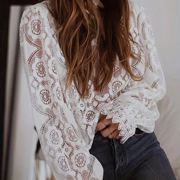White Elegant Women's Stand Collar Patchwork Lace Long Sleeve Hollow Out Blouse - Picture 5 of 5